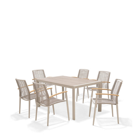 Bộ bàn ăn ngoài trời 1 bàn URBANITE 160 light cream và 6 ghế Topaz roped armchair
