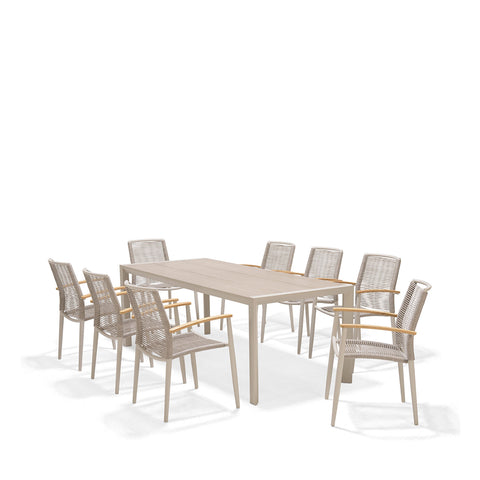 Bộ bàn ăn ngoài trời 1 bàn URBANITE 207 light cream và 8 ghế Topaz roped armchair