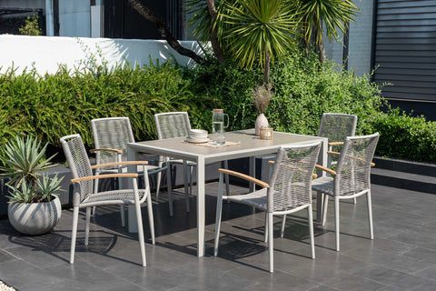 Bộ bàn ăn ngoài trời 1 bàn URBANITE 160 light cream và 6 ghế Topaz roped armchair